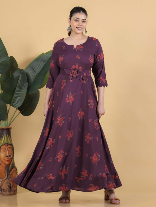 Viscose Floral Anarkali Purple Dress