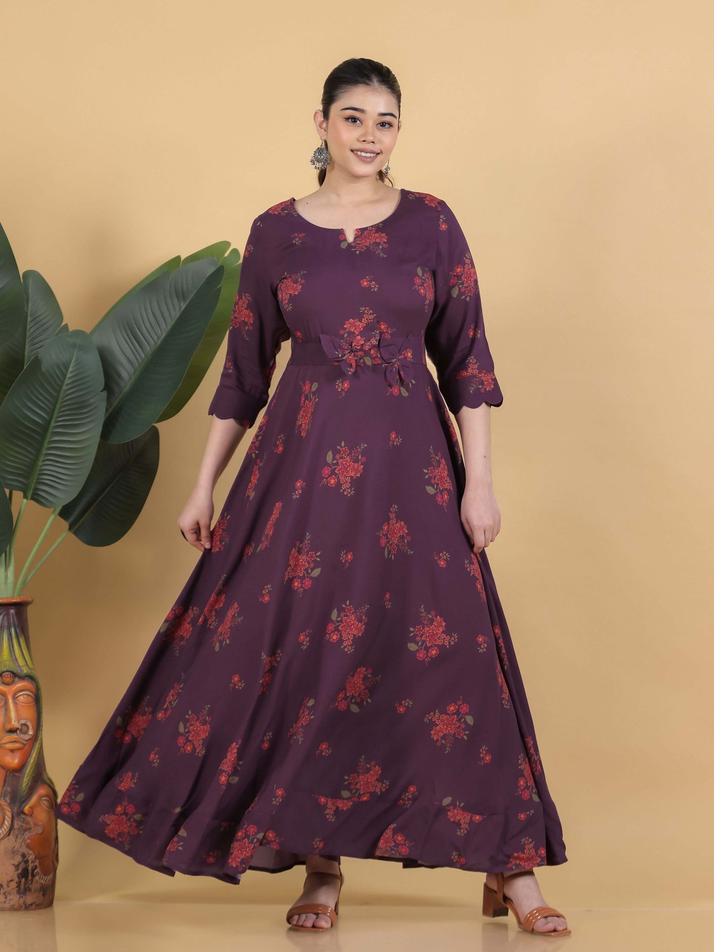 Viscose Floral Anarkali Purple Dress
