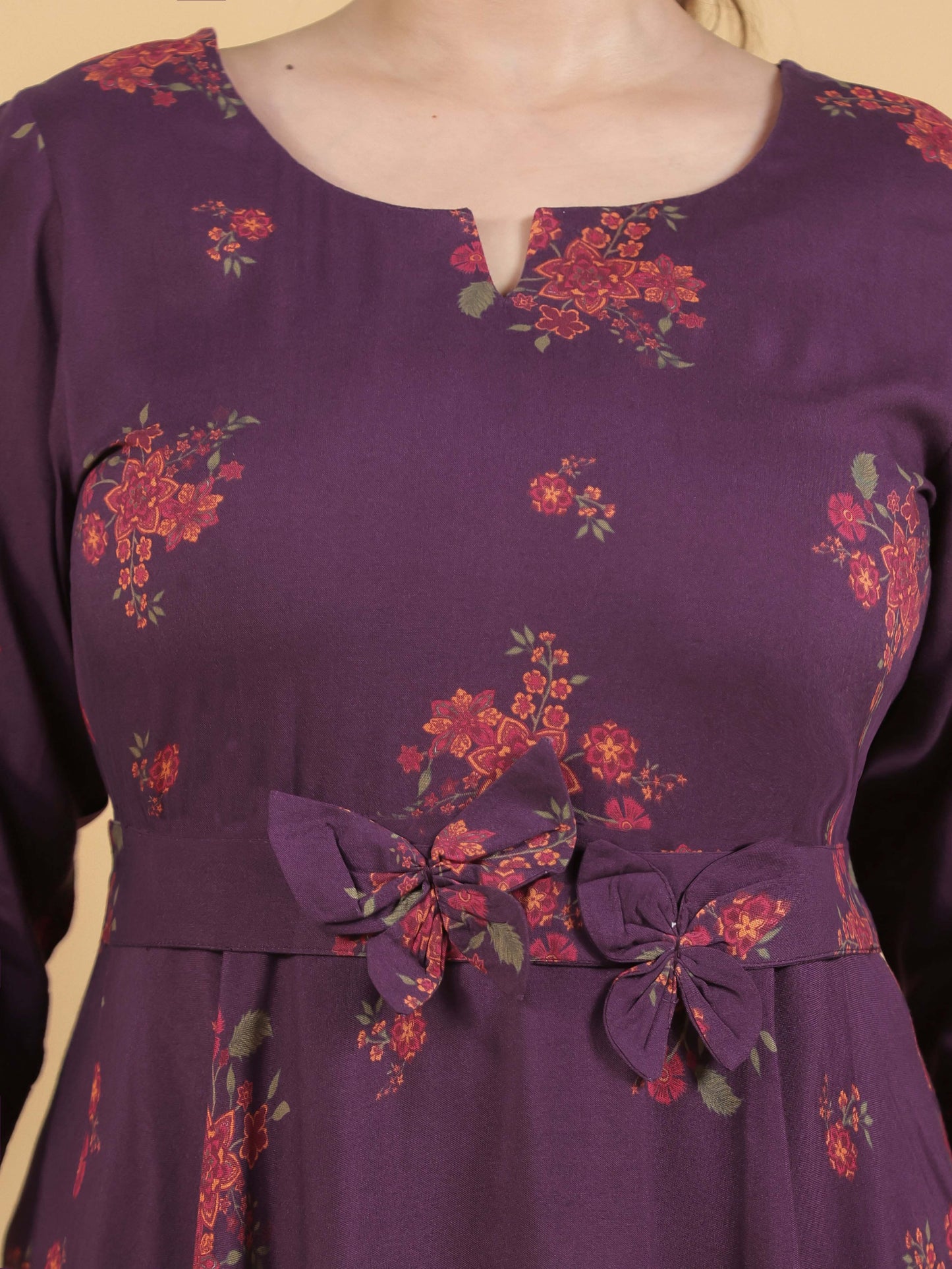 Viscose Floral Anarkali Purple Dress