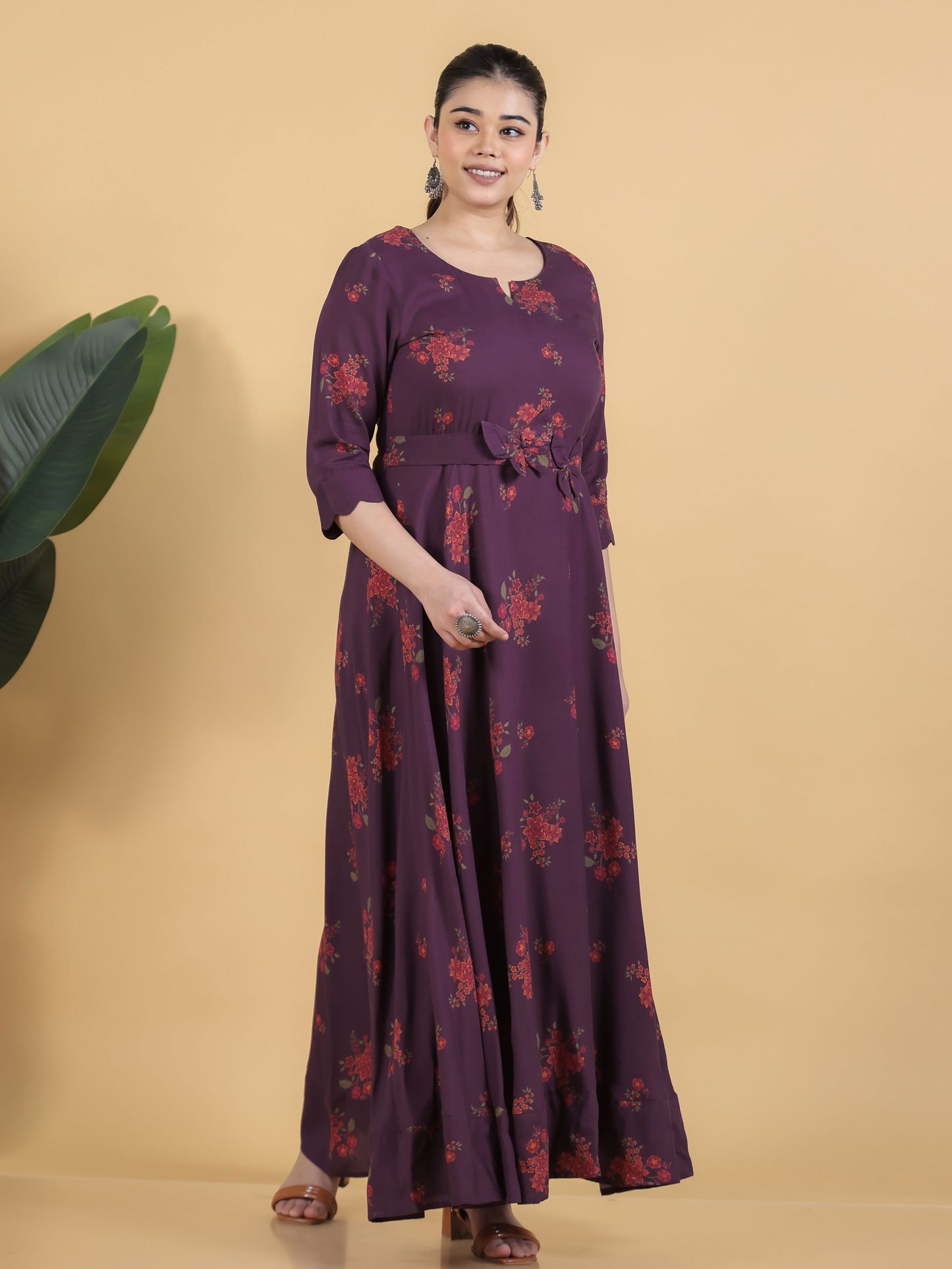 Viscose Floral Anarkali Purple Dress
