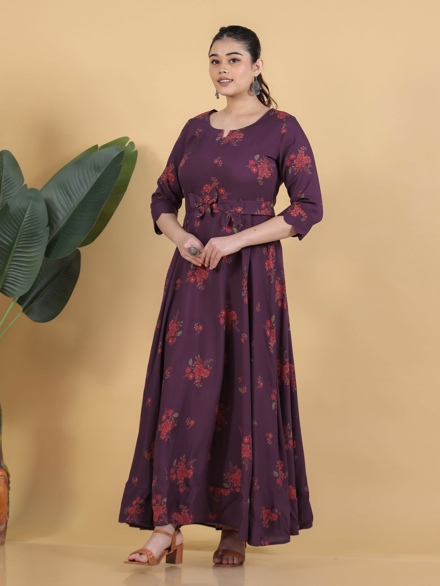 Viscose Floral Anarkali Purple Dress