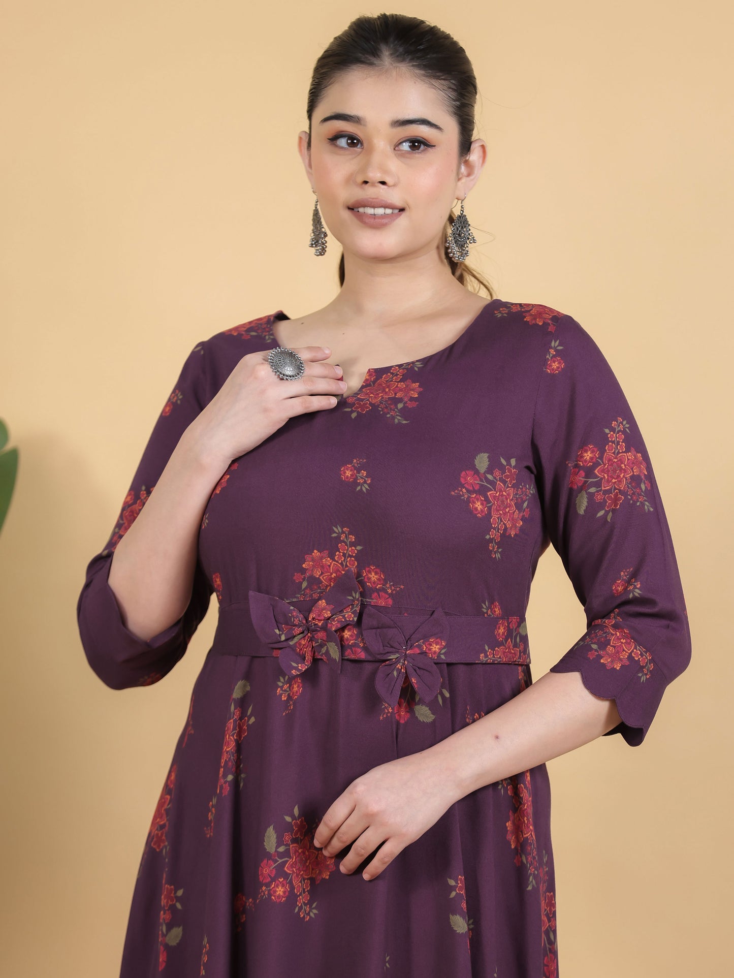 Viscose Floral Anarkali Purple Dress