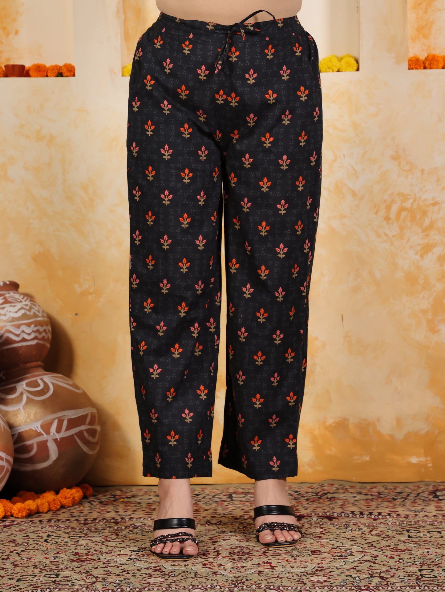 Soft Cotton Floral Black Straight Trousers