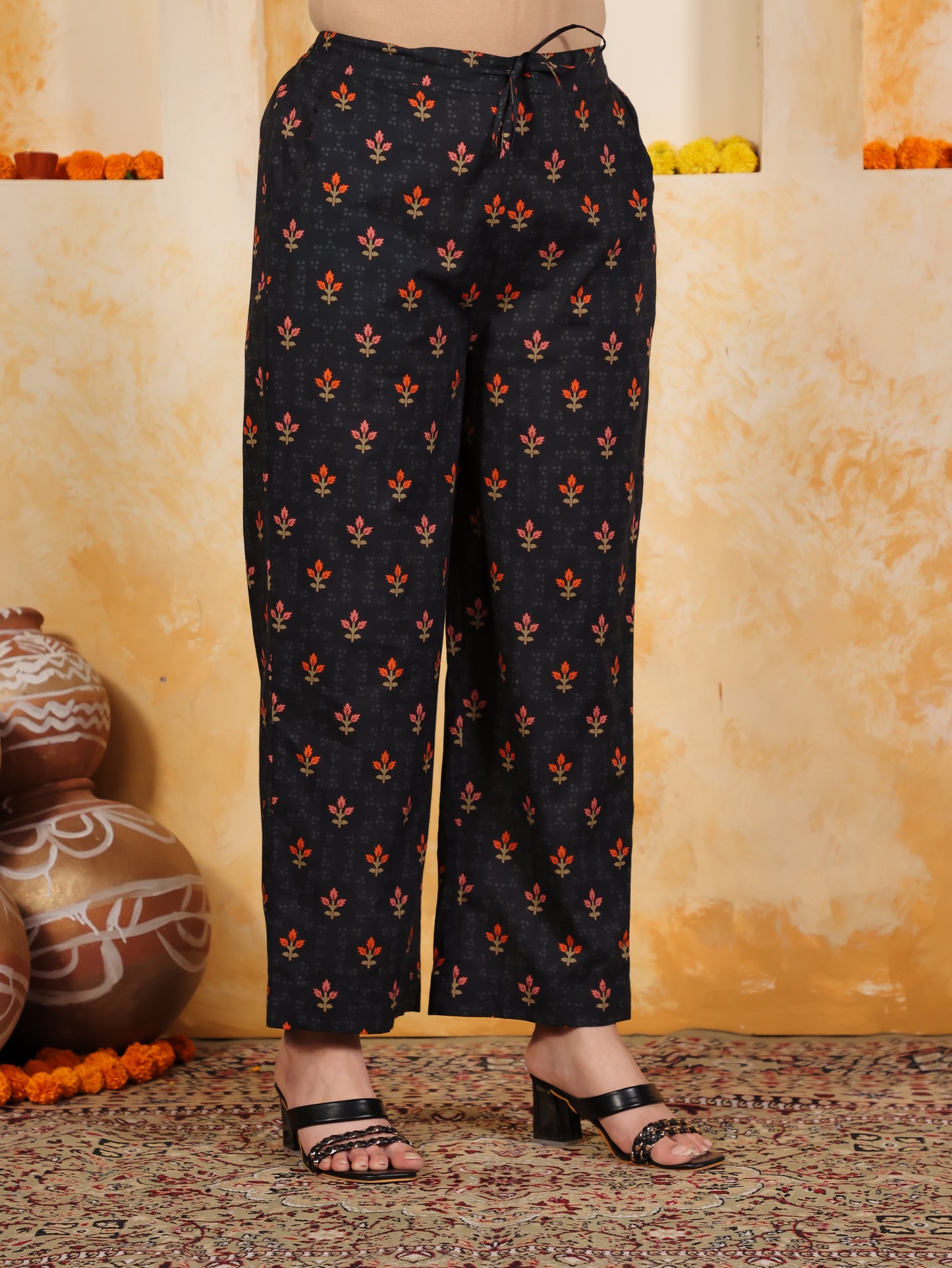 Soft Cotton Floral Black Straight Trousers