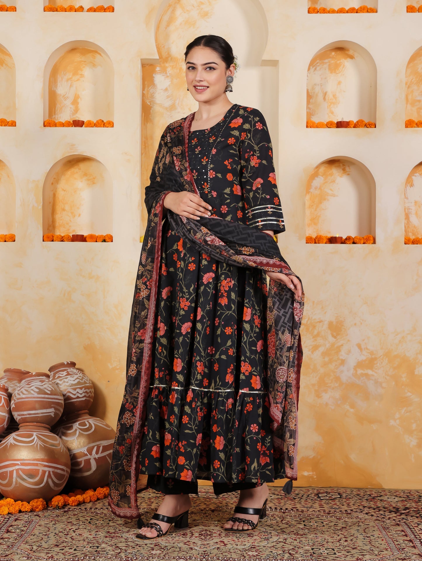 Cotton Voile Floral Black Dupatta