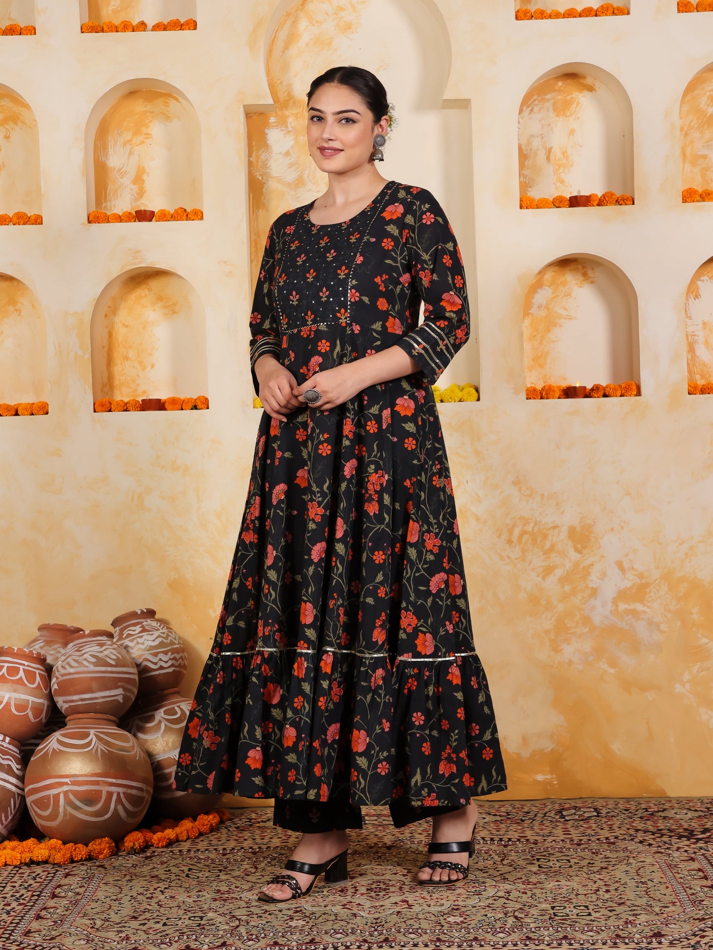 Soft Cotton Floral Anarkali Black Kurta