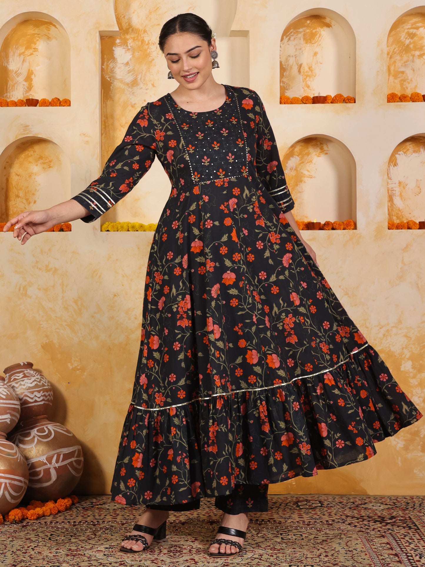 Soft Cotton Floral Anarkali Black Kurta