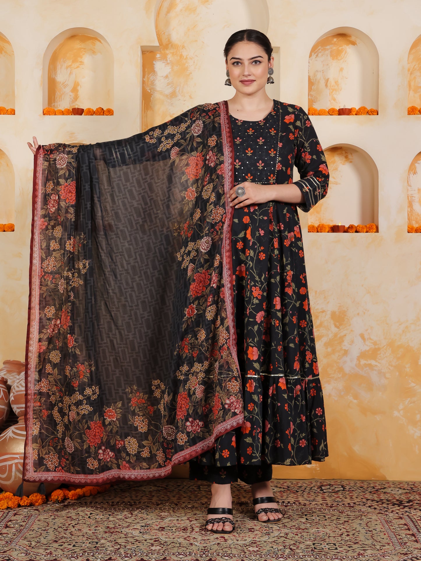 Soft Cotton Floral Anarkali Black Kurta