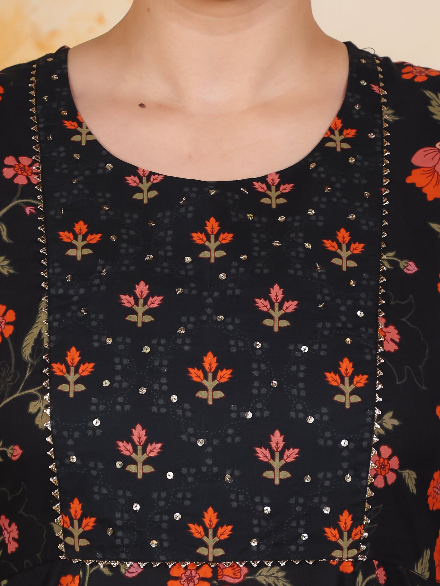 Soft Cotton Floral Anarkali Black Kurta