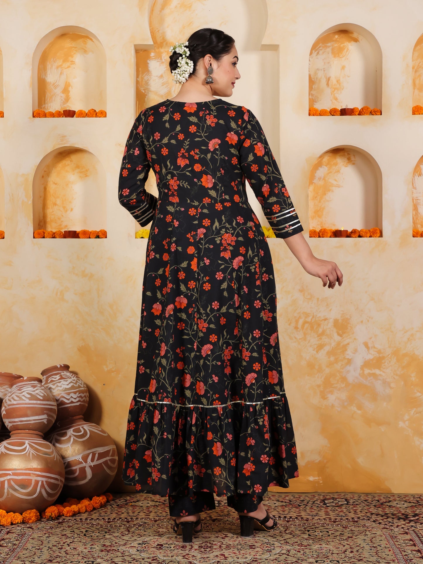 Soft Cotton Floral Anarkali Black Kurta