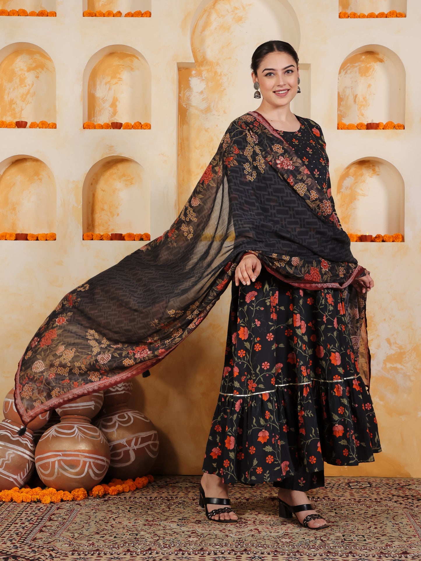 Soft Cotton Floral Anarkali Black Kurta