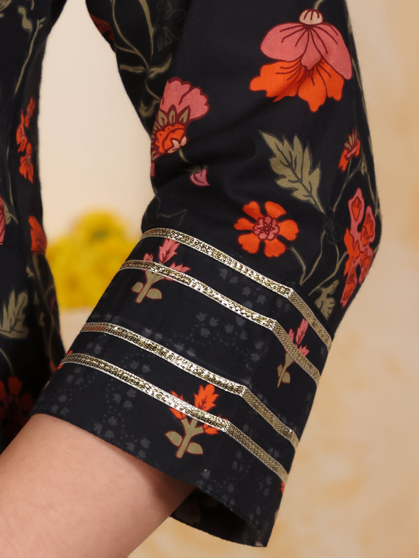 Soft Cotton Floral Anarkali Black Kurta