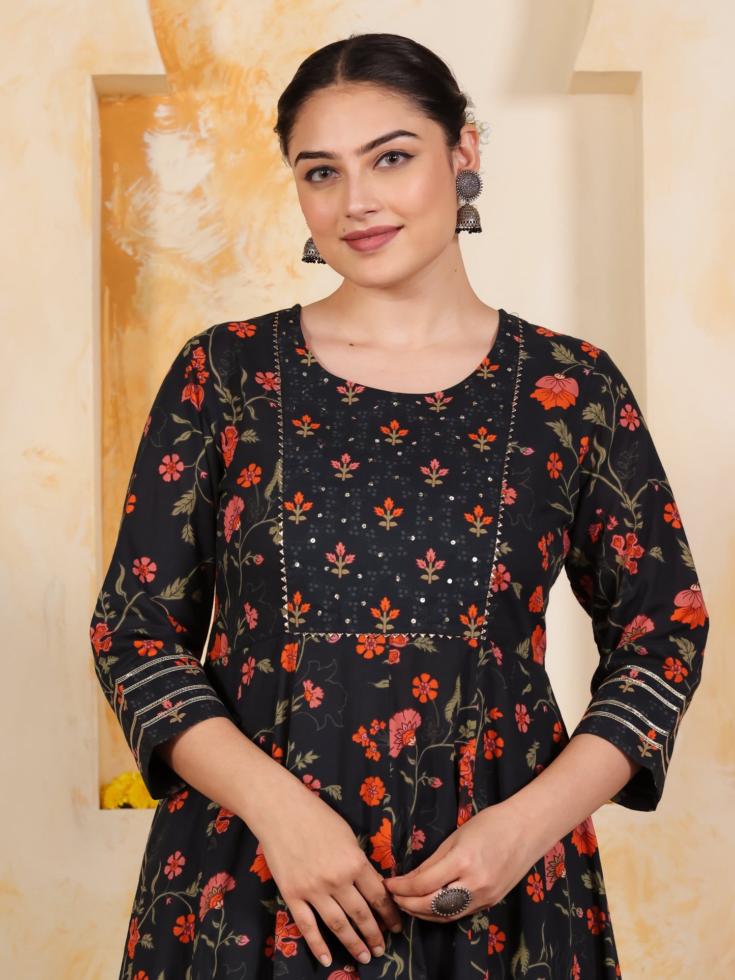 Soft Cotton Floral Anarkali Black Kurta