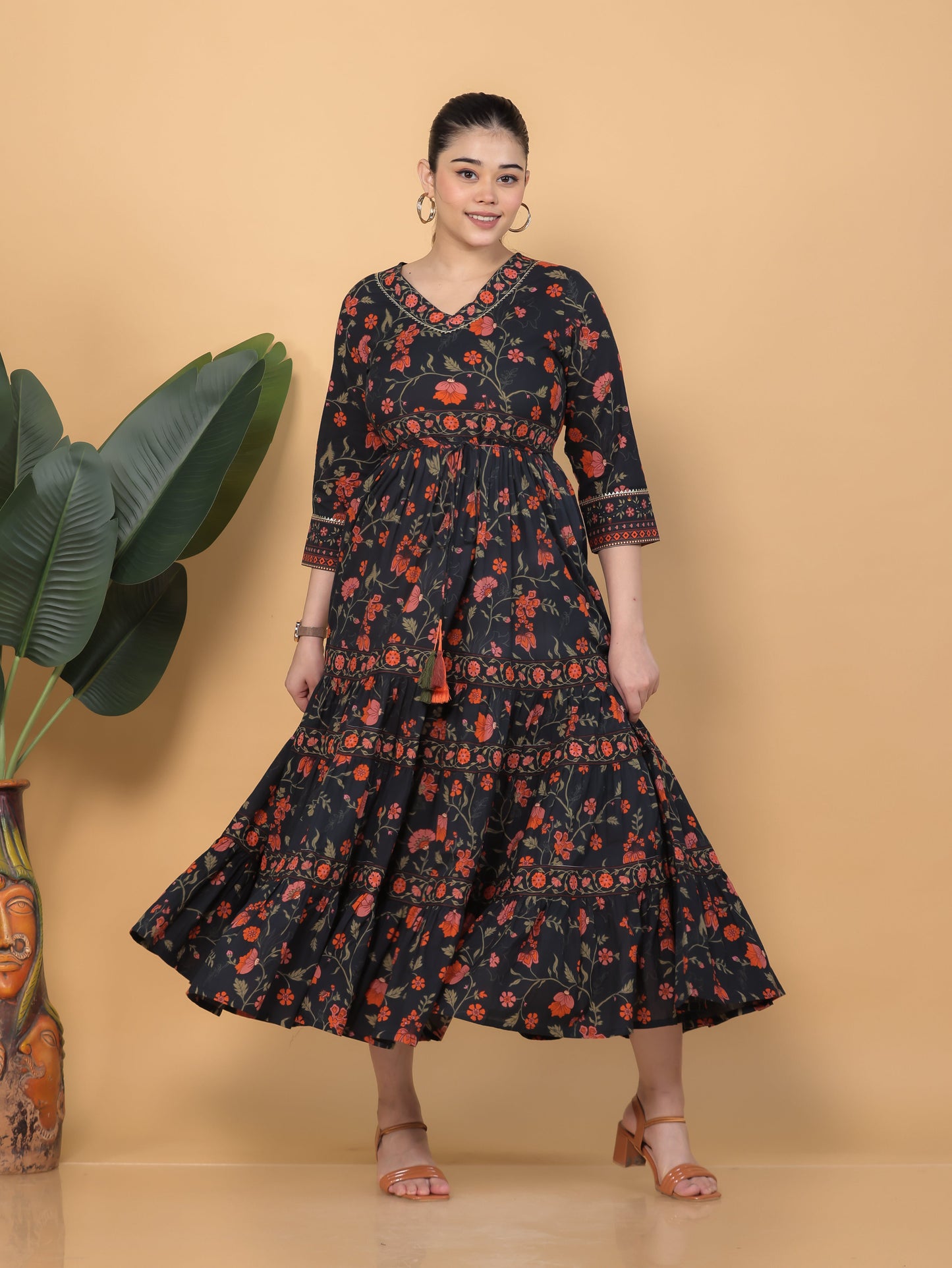 Soft Cotton Floral Anarkali Black Dress