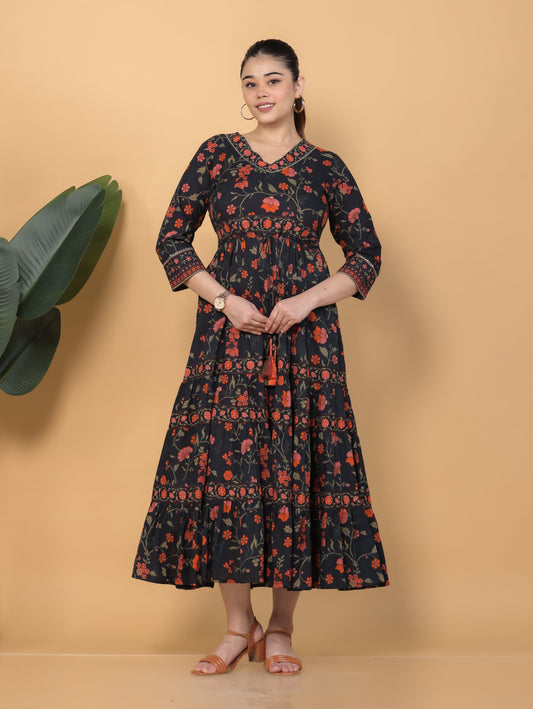 Soft Cotton Floral Anarkali Black Dress
