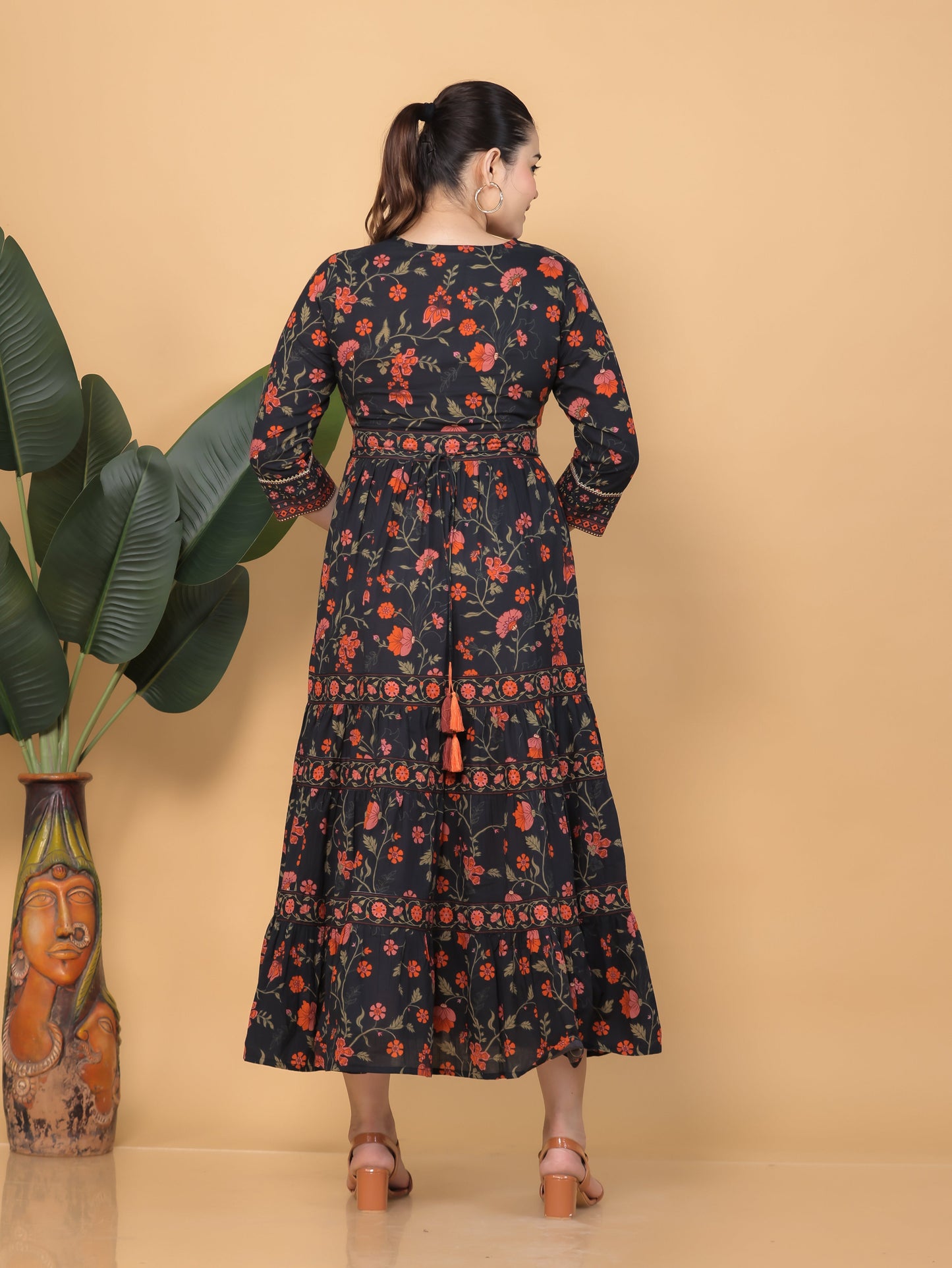 Soft Cotton Floral Anarkali Black Dress