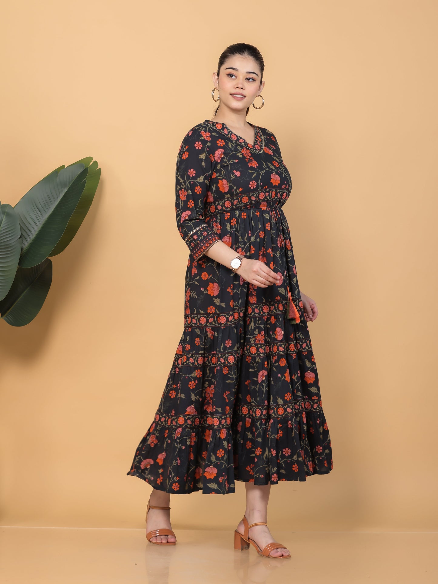 Soft Cotton Floral Anarkali Black Dress