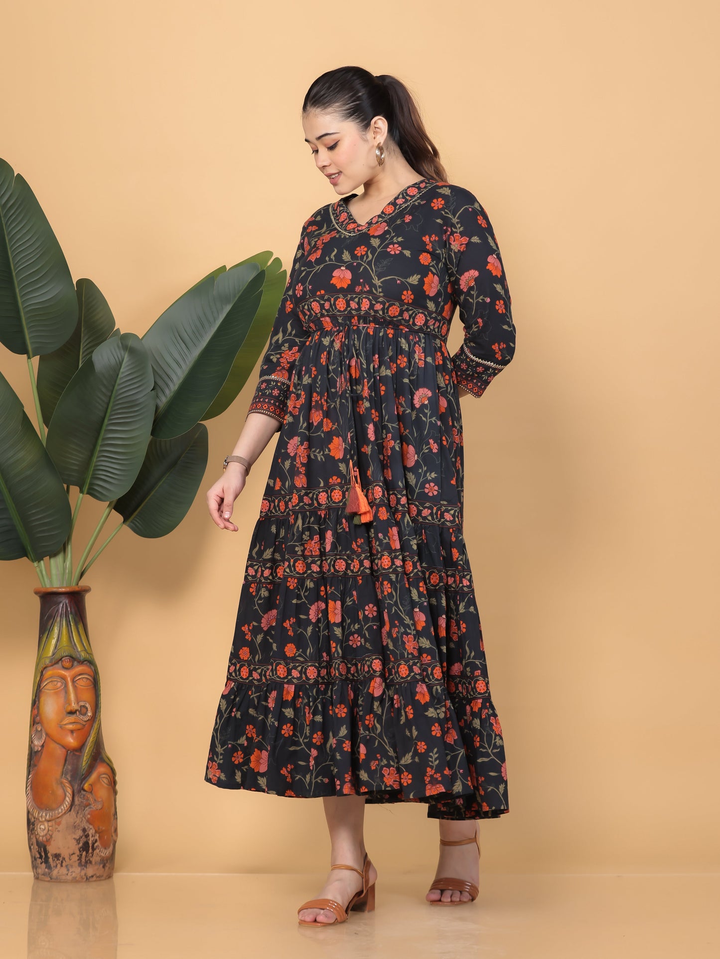 Soft Cotton Floral Anarkali Black Dress