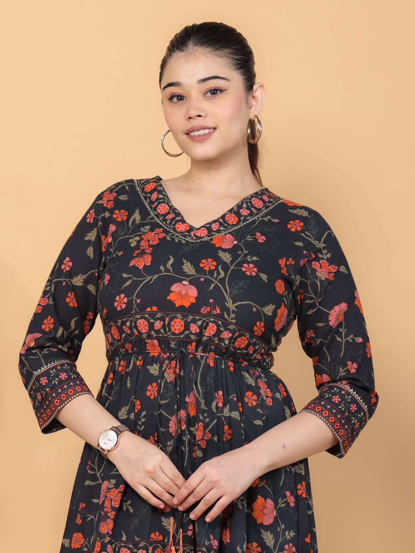 Soft Cotton Floral Anarkali Black Dress