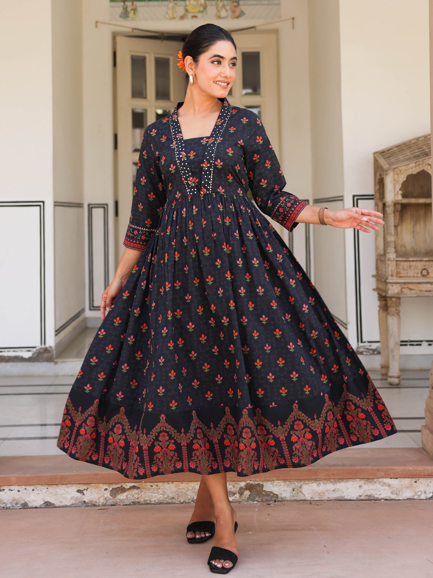 Soft Cotton Floral Anarkali Black Dress