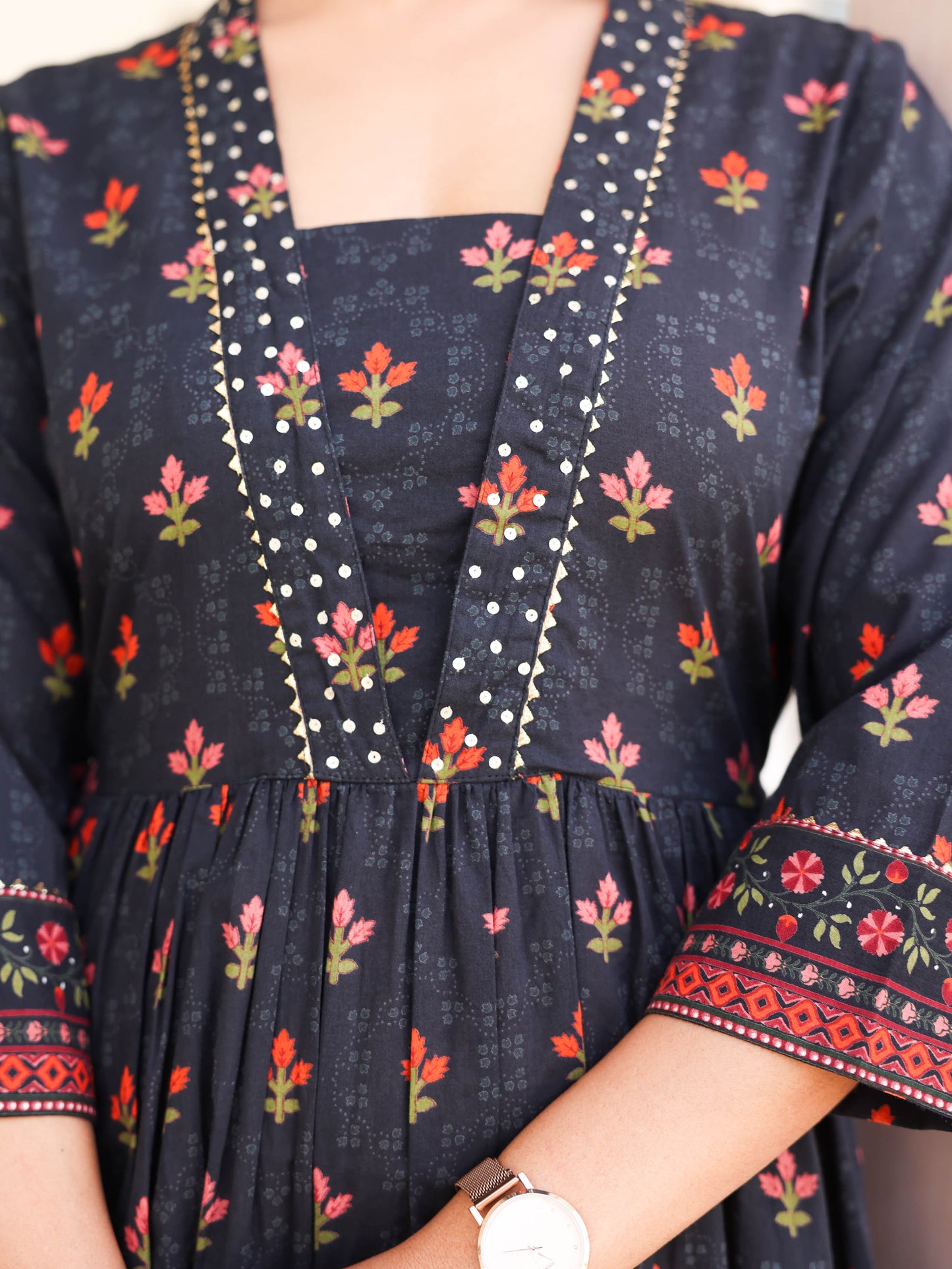 Soft Cotton Floral Anarkali Black Dress