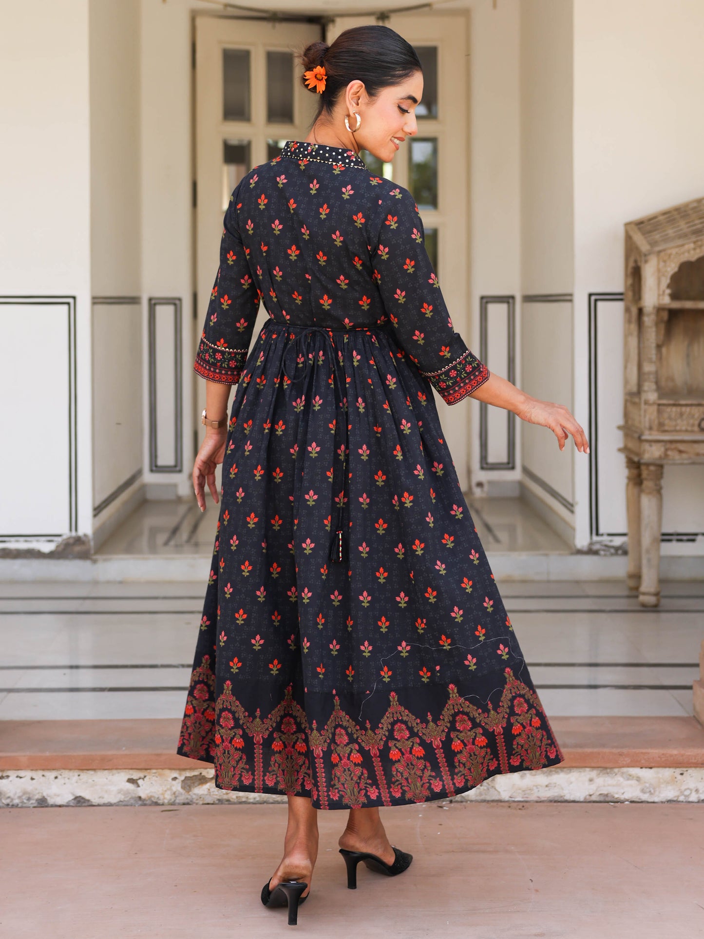 Soft Cotton Floral Anarkali Black Dress