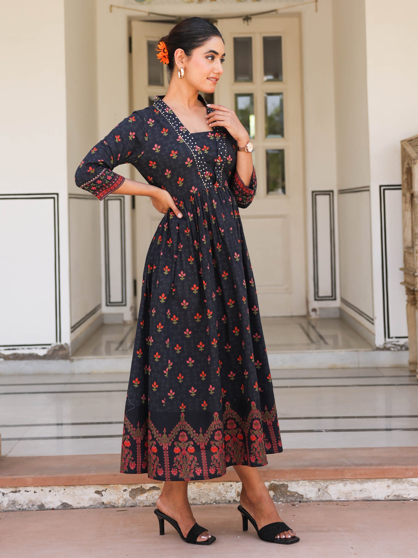 Soft Cotton Floral Anarkali Black Dress