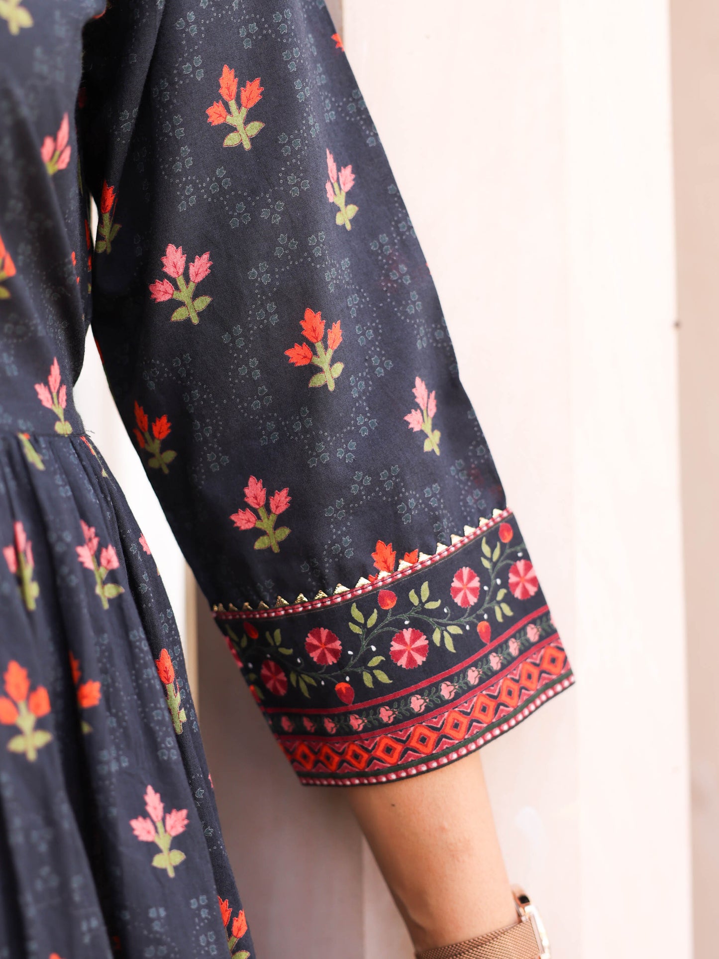 Soft Cotton Floral Anarkali Black Dress