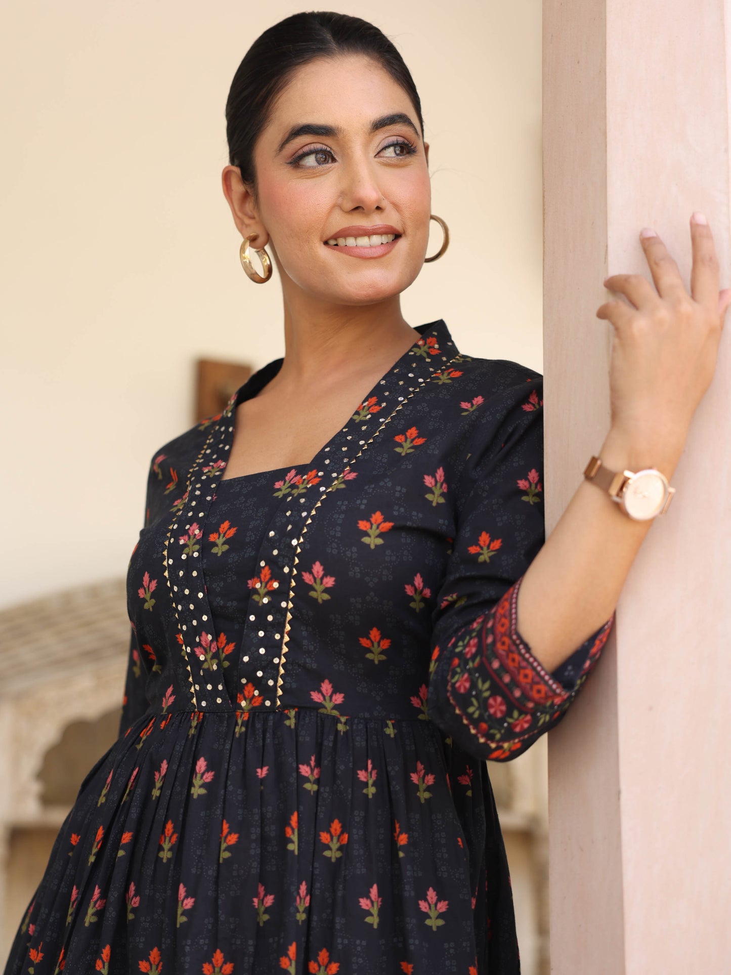 Soft Cotton Floral Anarkali Black Dress