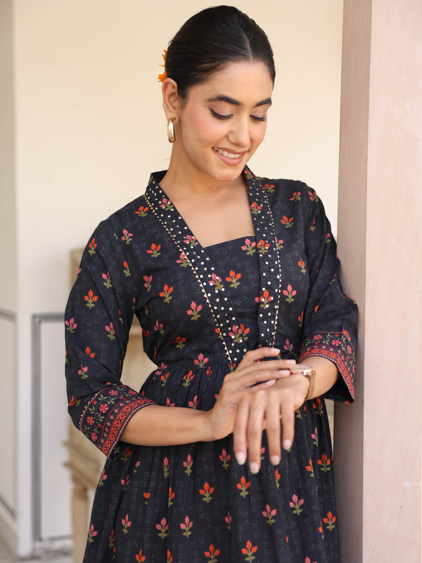 Soft Cotton Floral Anarkali Black Dress