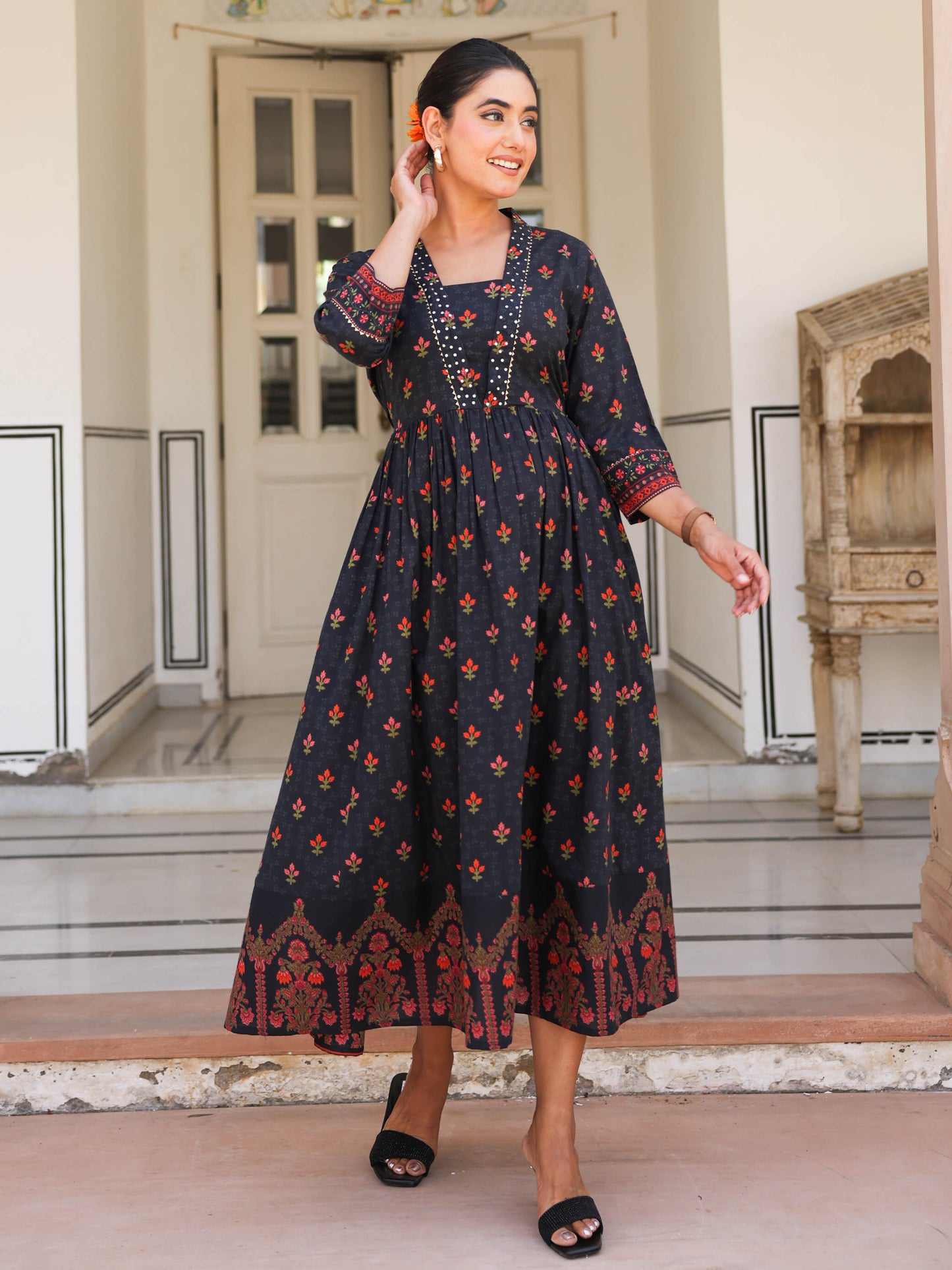 Soft Cotton Floral Anarkali Black Dress