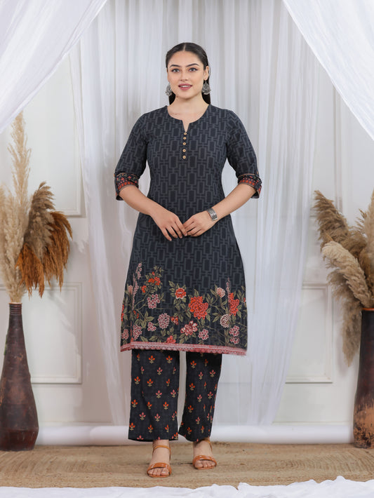 Soft Cotton Placement Print A-line Black Kurta