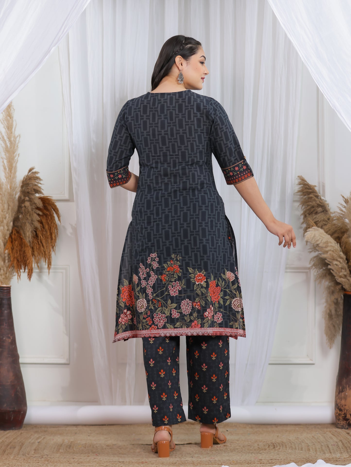 Soft Cotton Placement Print A-line Black Kurta