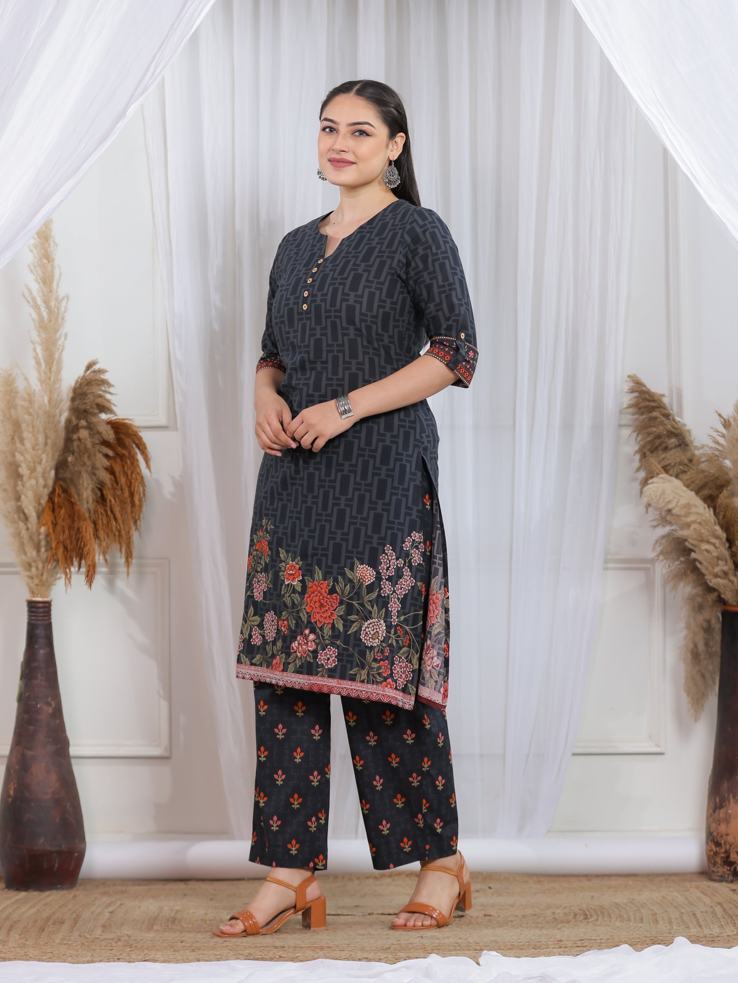 Soft Cotton Placement Print A-line Black Kurta