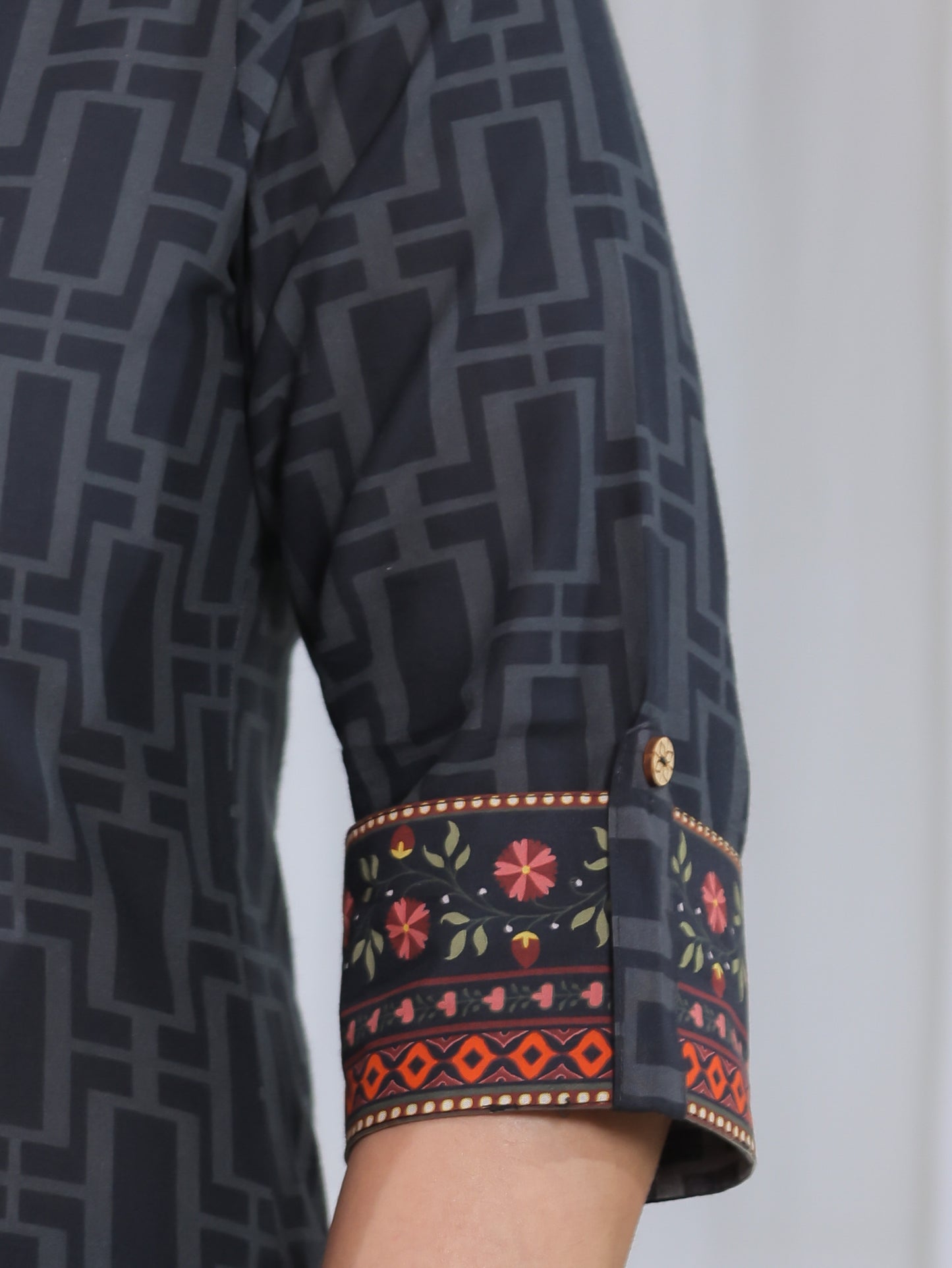 Soft Cotton Placement Print A-line Black Kurta