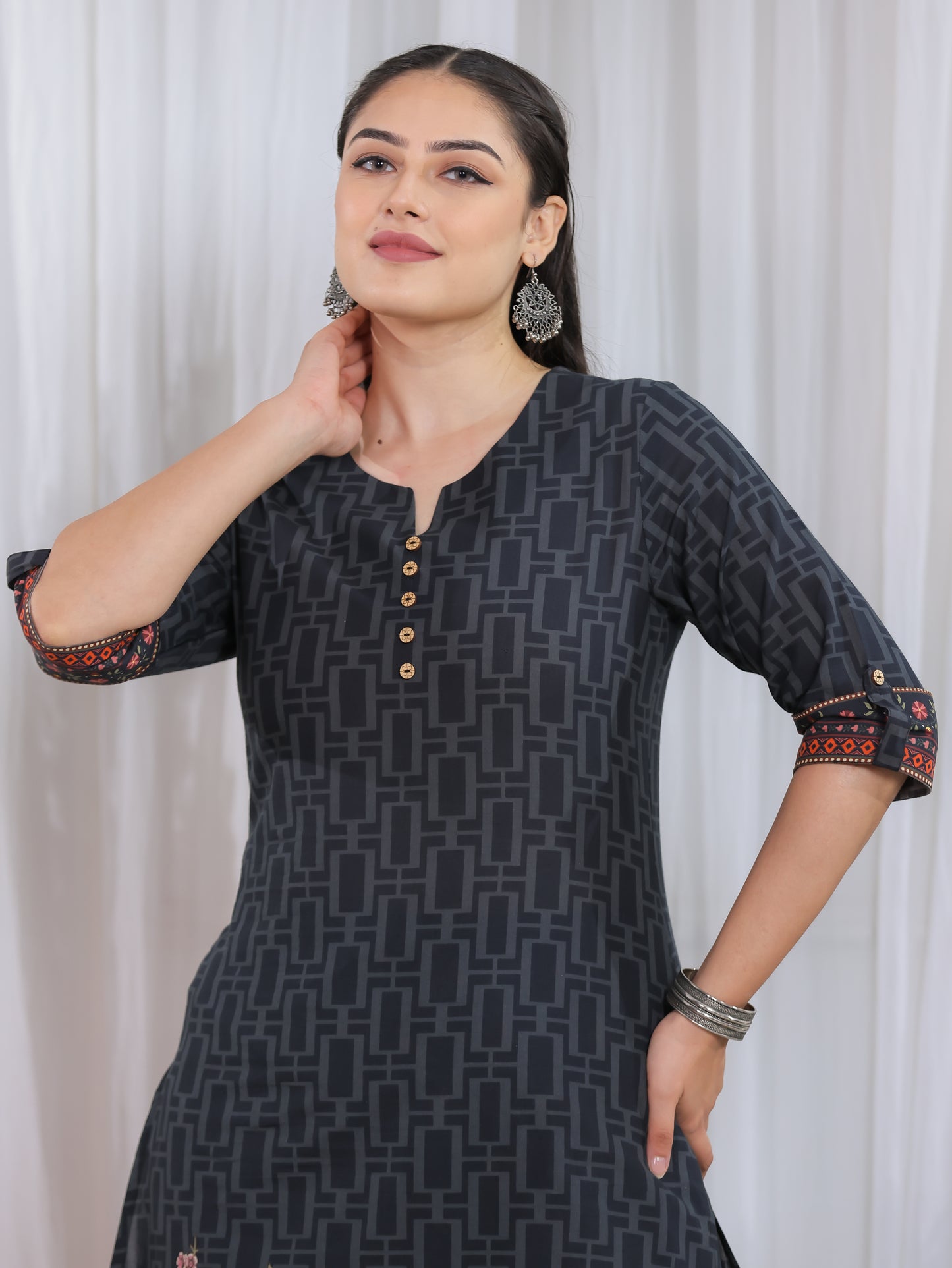 Soft Cotton Placement Print A-line Black Kurta