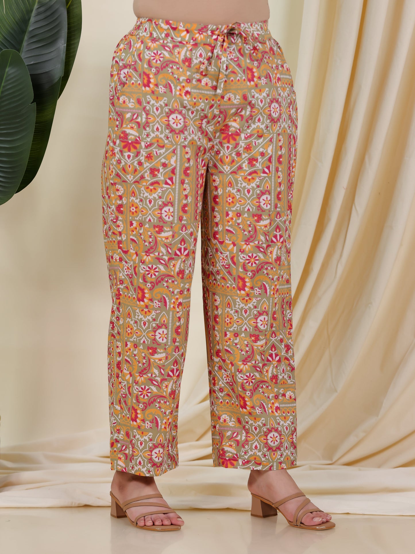 Soft Cotton Patchwork Green Straight Straight Trousers