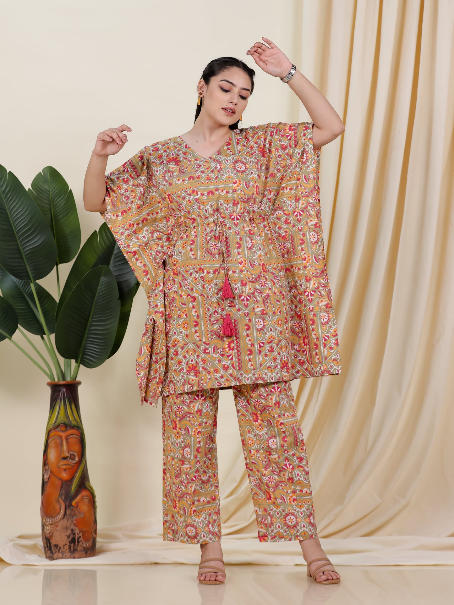 Soft Cotton Patchwork Kaftan Green Kurta