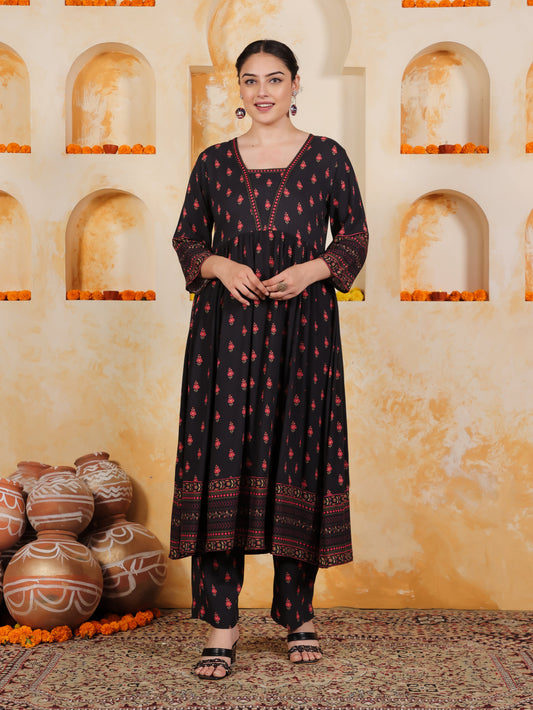 Viscose Floral Anarkali Black Kurta