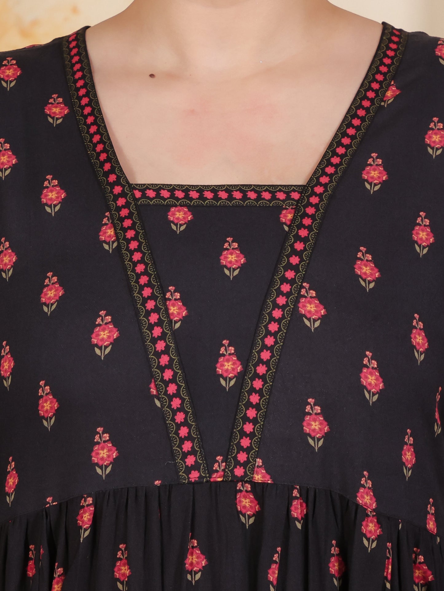 Viscose Floral Anarkali Black Kurta