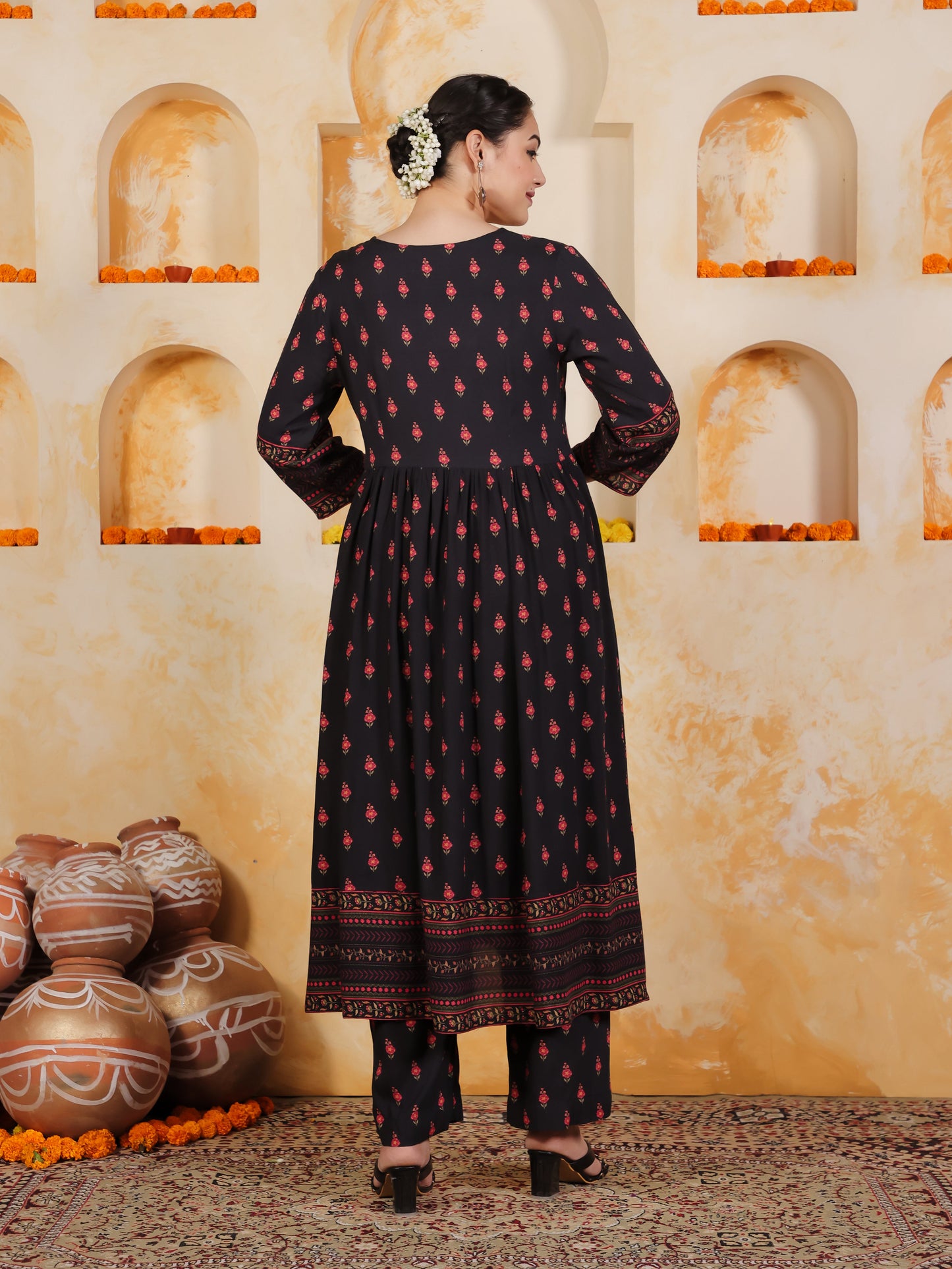Viscose Floral Anarkali Black Kurta