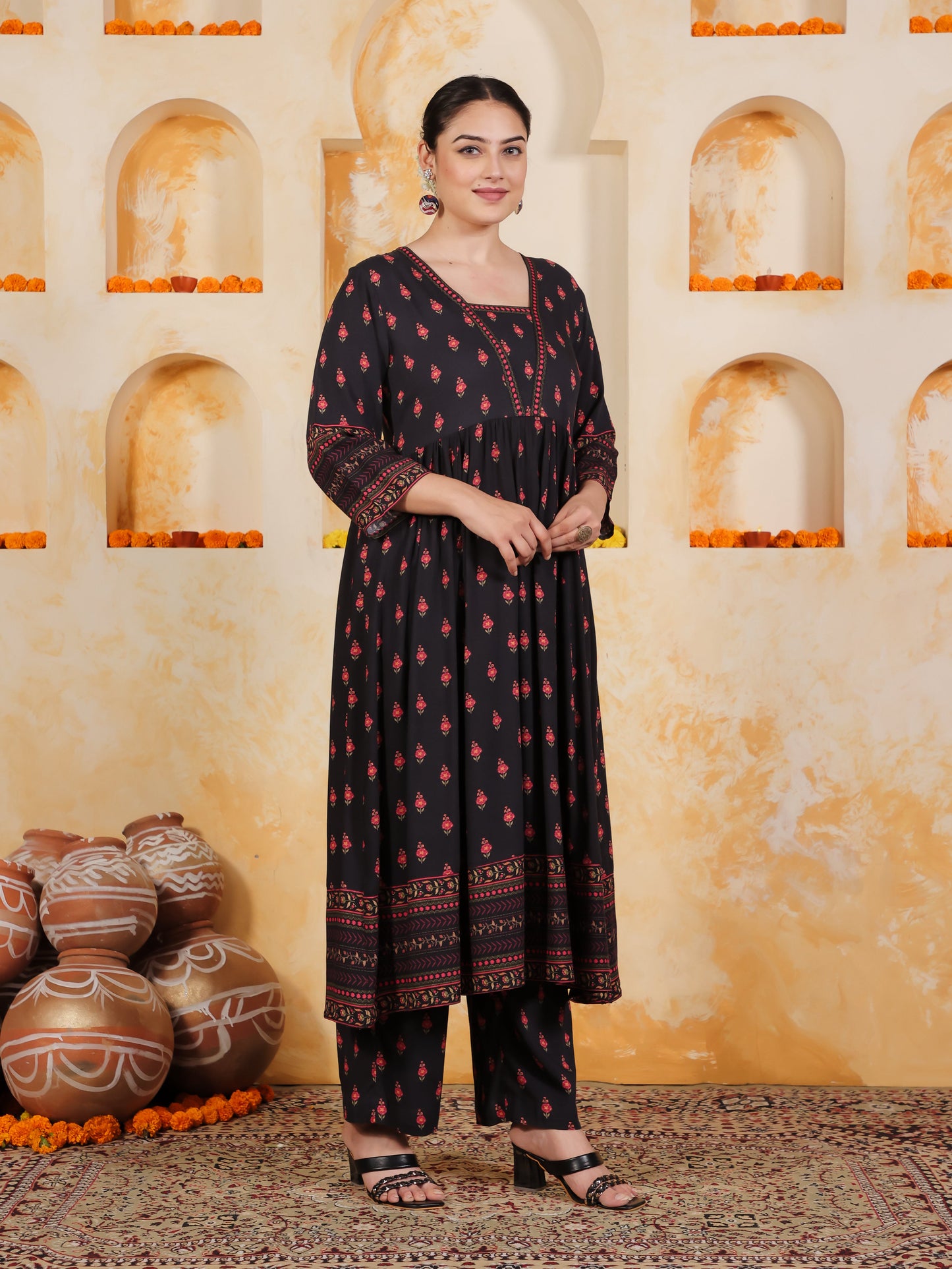 Viscose Floral Anarkali Black Kurta