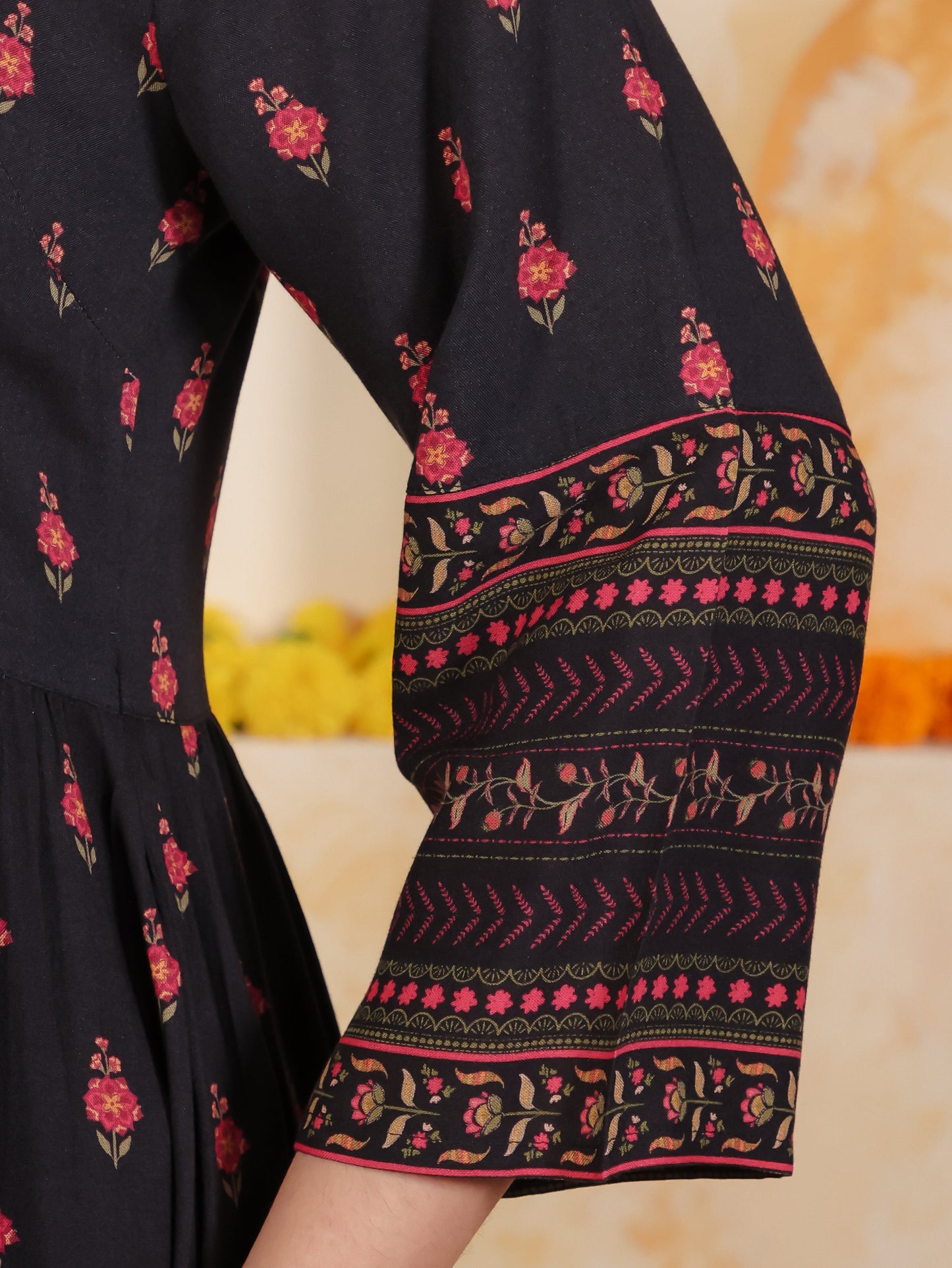 Viscose Floral Anarkali Black Kurta