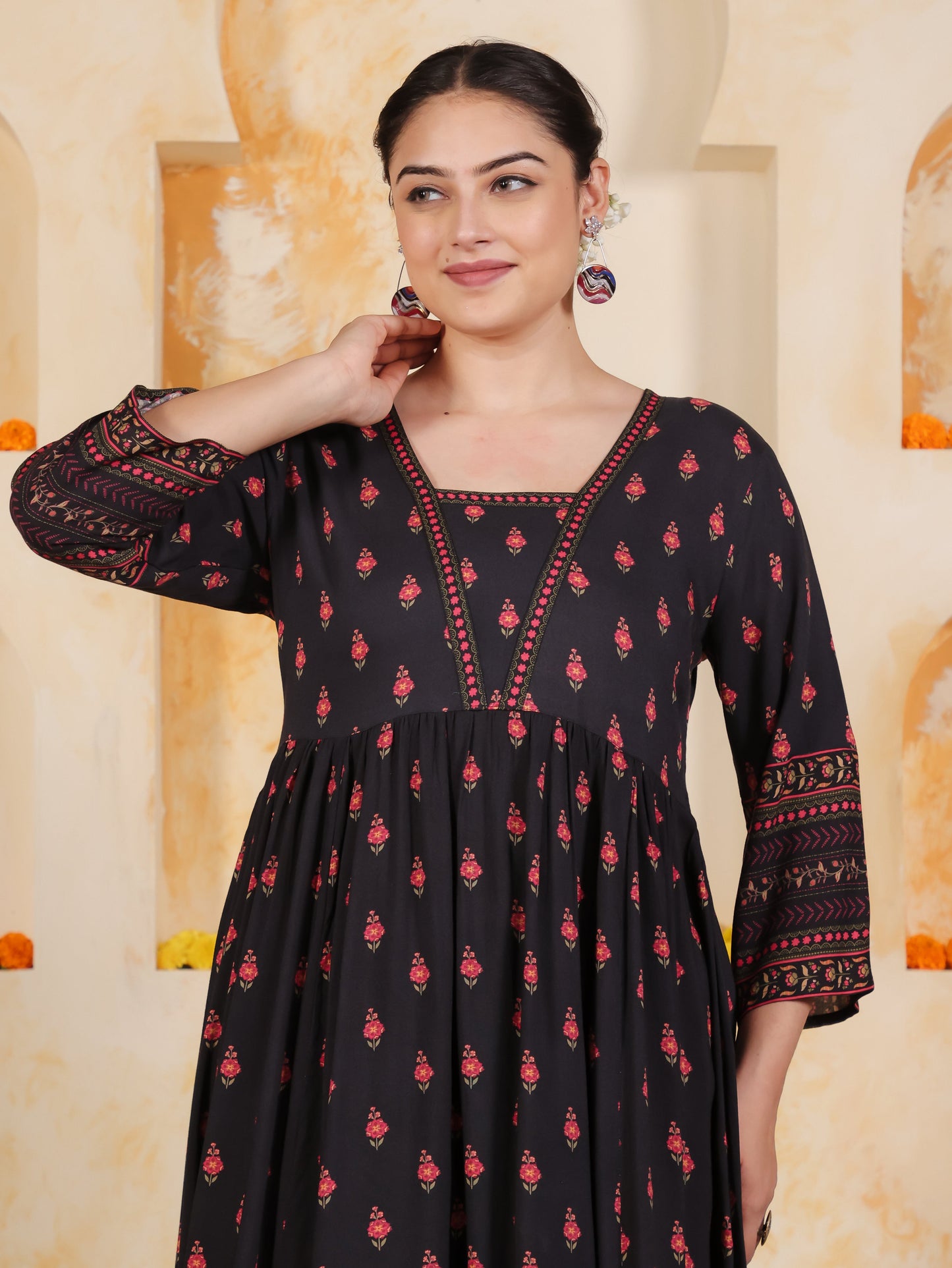 Viscose Floral Anarkali Black Kurta