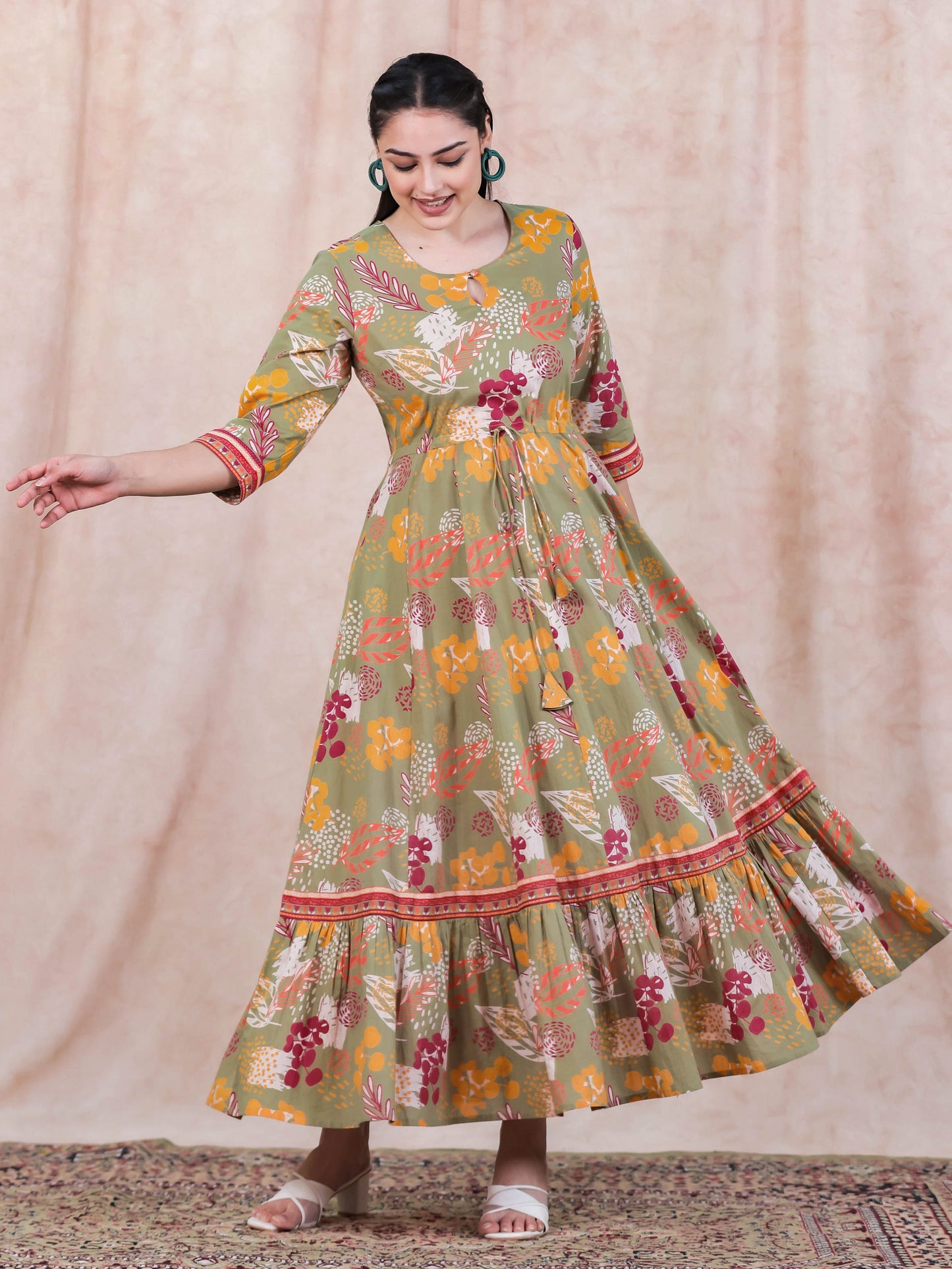 Soft Cotton Floral Anarkali Green Dress