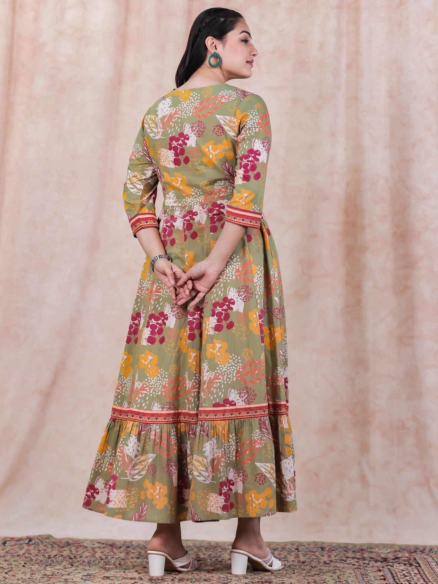 Soft Cotton Floral Anarkali Green Dress