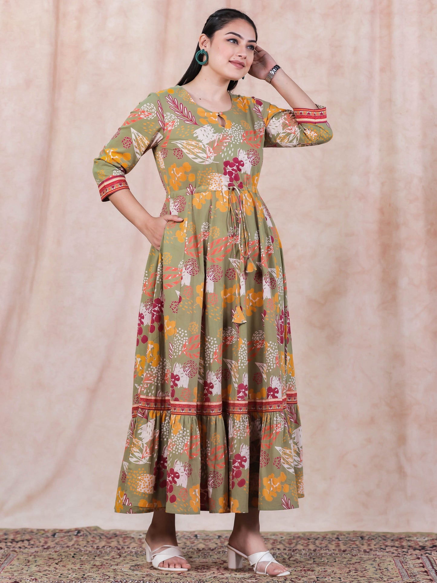 Soft Cotton Floral Anarkali Green Dress