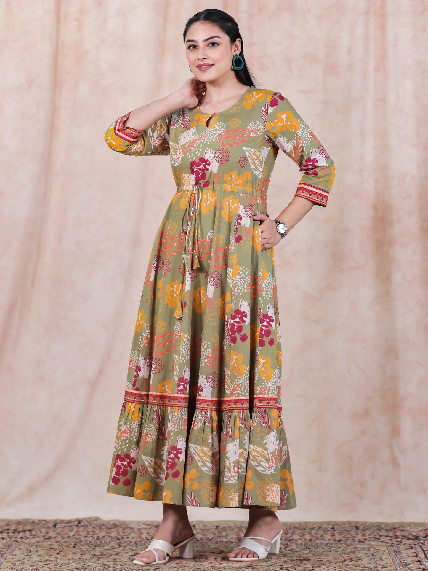 Soft Cotton Floral Anarkali Green Dress