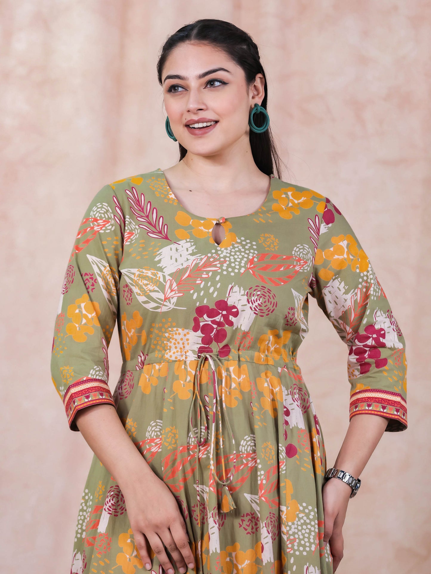 Soft Cotton Floral Anarkali Green Dress