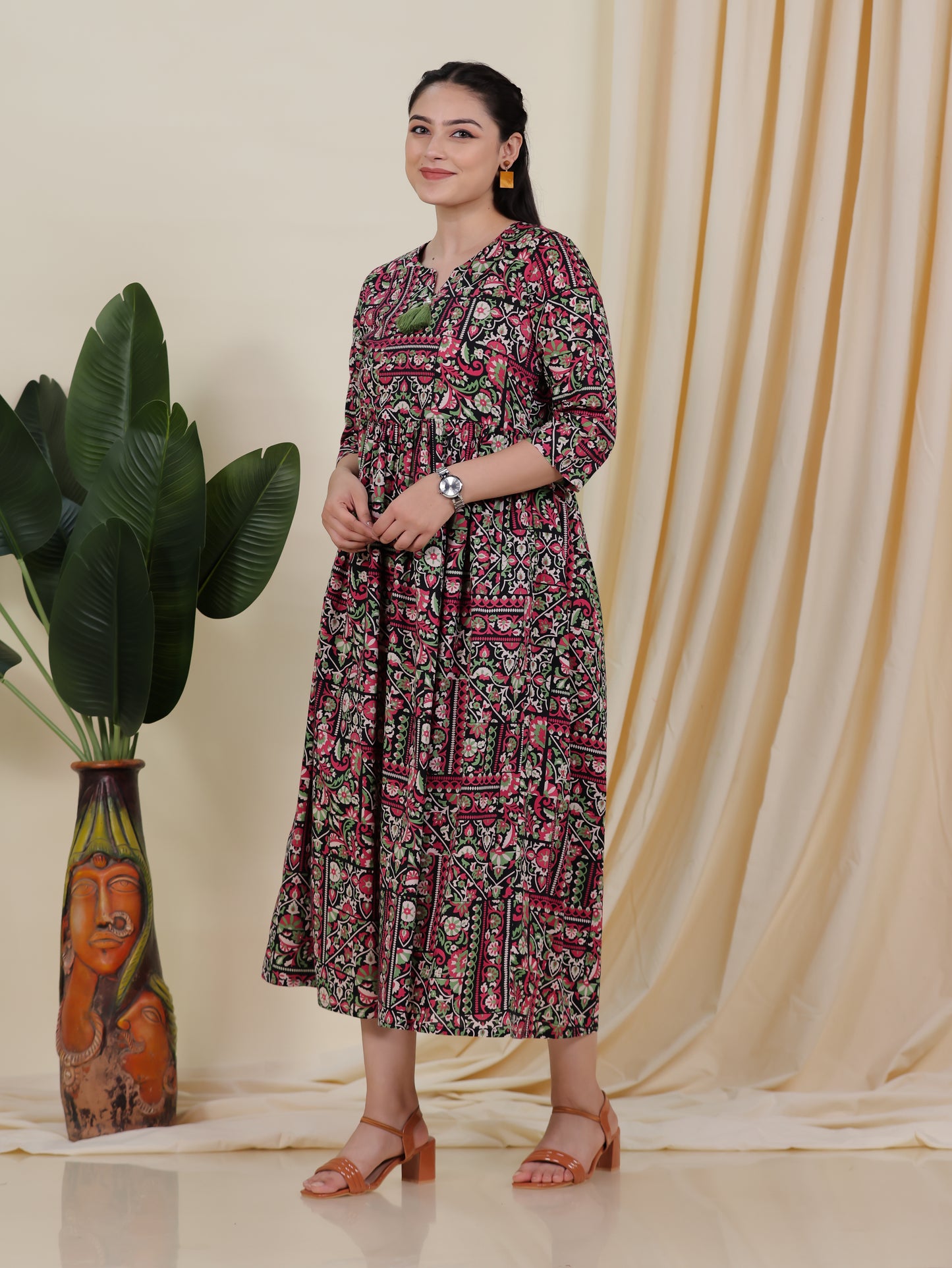 Soft Cotton Patchwork Anarkali Black Dress